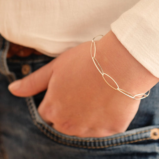 Silbernes Armband aus ovalen Ösen. An einem Handgelenk.