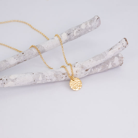 Goldene Kette mit rundem, strukturierten Anhänger. Auf weißem Untergrund und über einen Ast dekoriert.